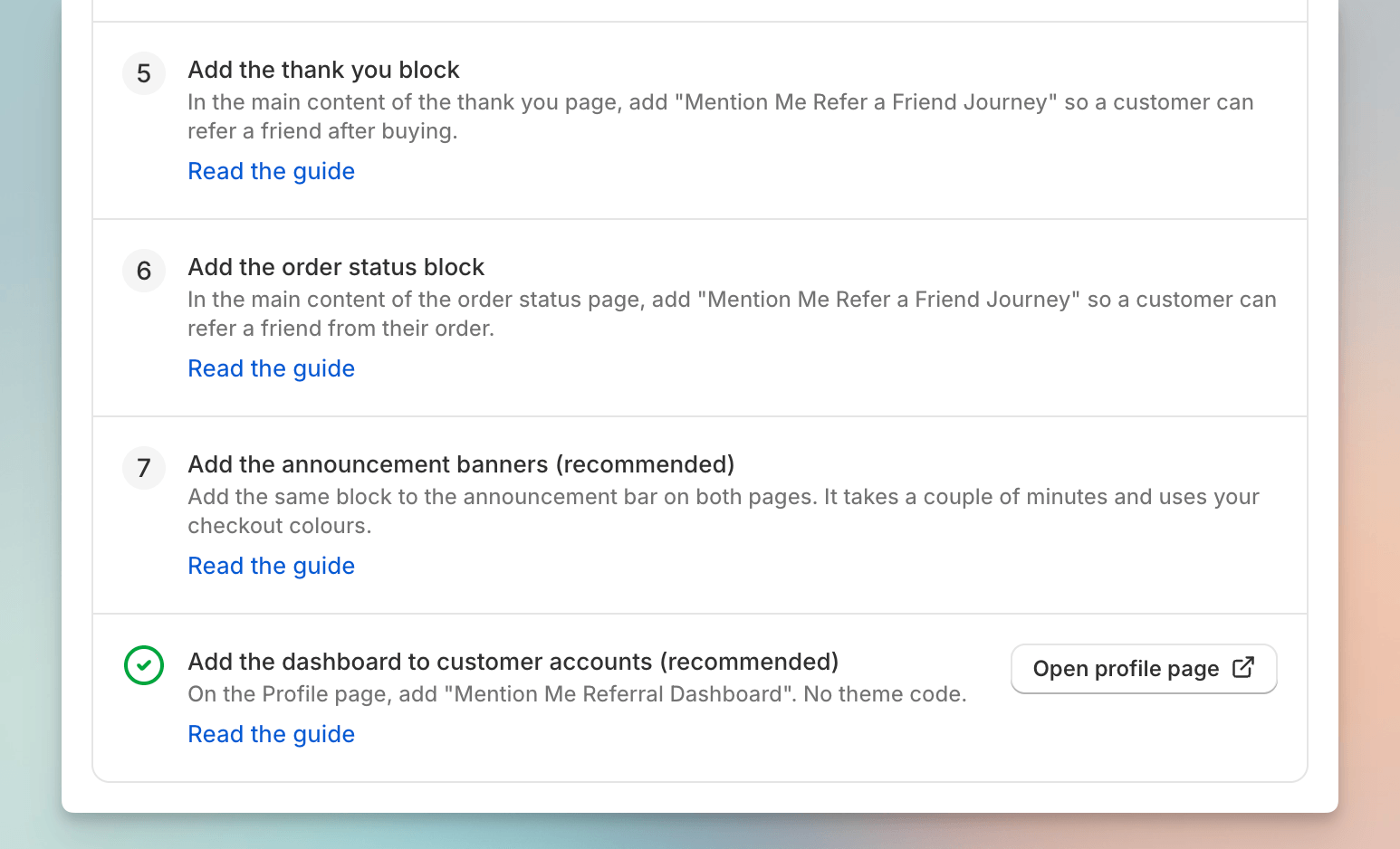 Brand referral setup page showing post-purchase and account steps