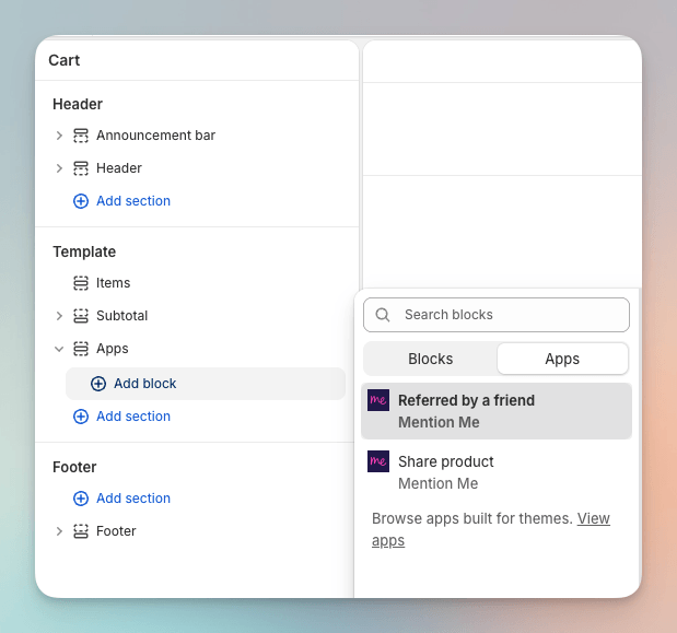 Theme editor cart page with the Referred by a friend block in the Apps section