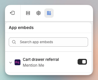 Theme editor app embeds with Cart drawer referral turned on