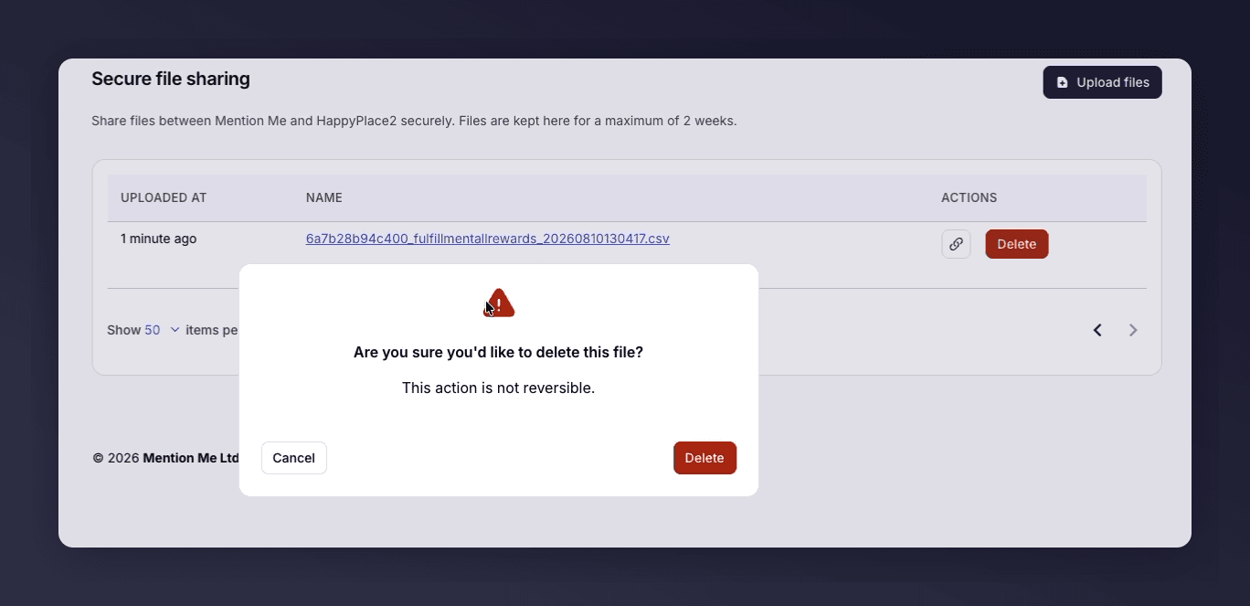 A confirmation dialog asking whether to delete a file, warning the action is not reversible