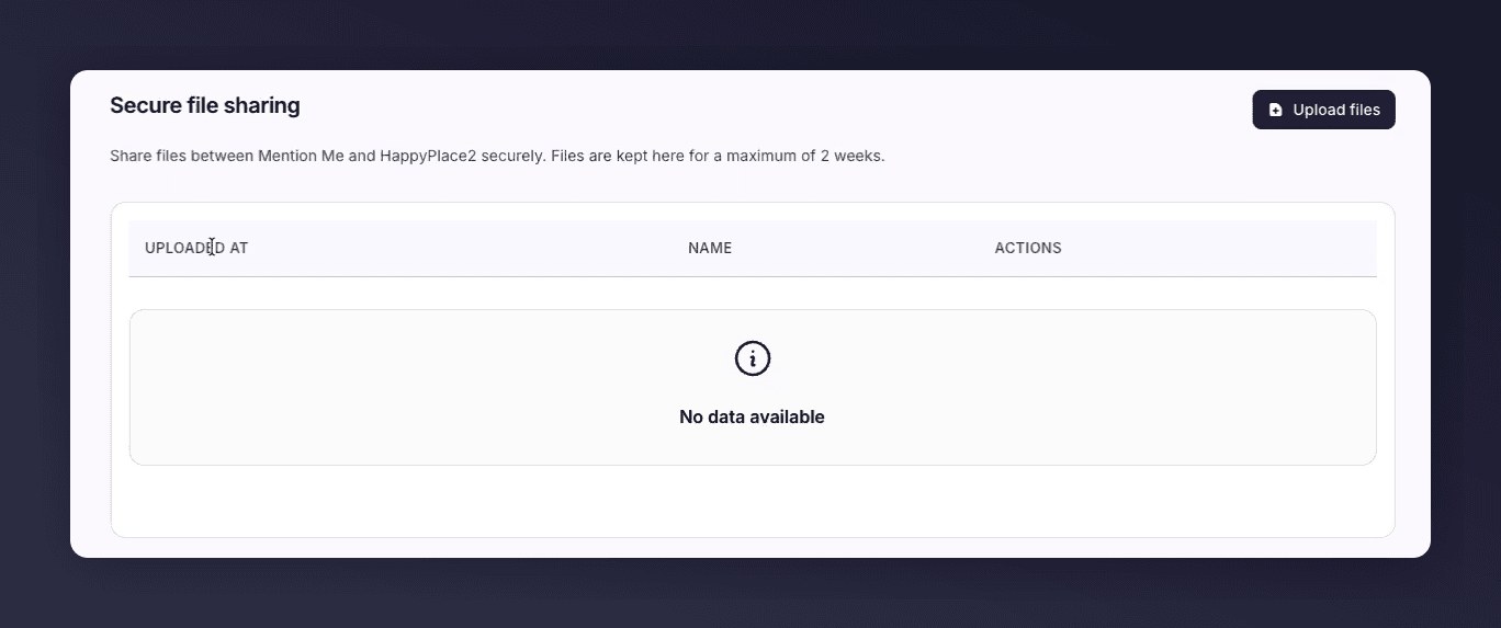 The Secure File Sharing page with an empty file list and the Upload Files button in the top right