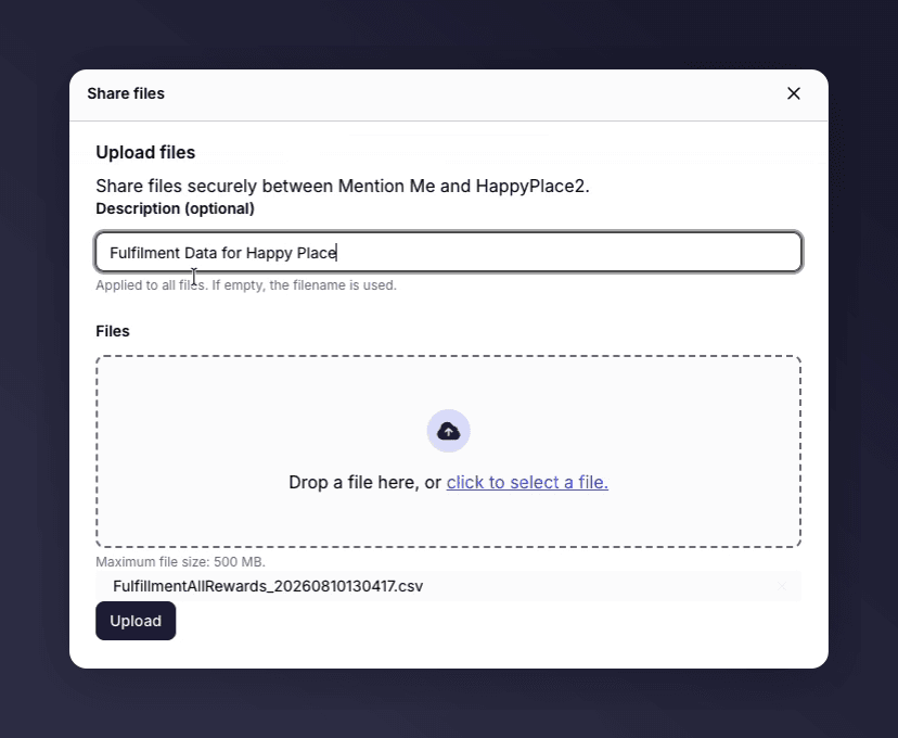 The Upload Files panel with a description entered for the selected file