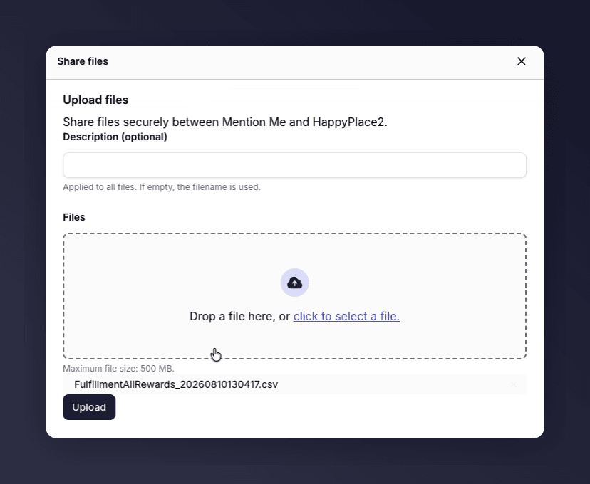The Upload Files panel showing a selected file above the Upload button