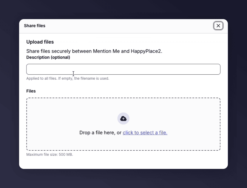 The Upload Files panel with an optional description field and a drop zone for selecting a file