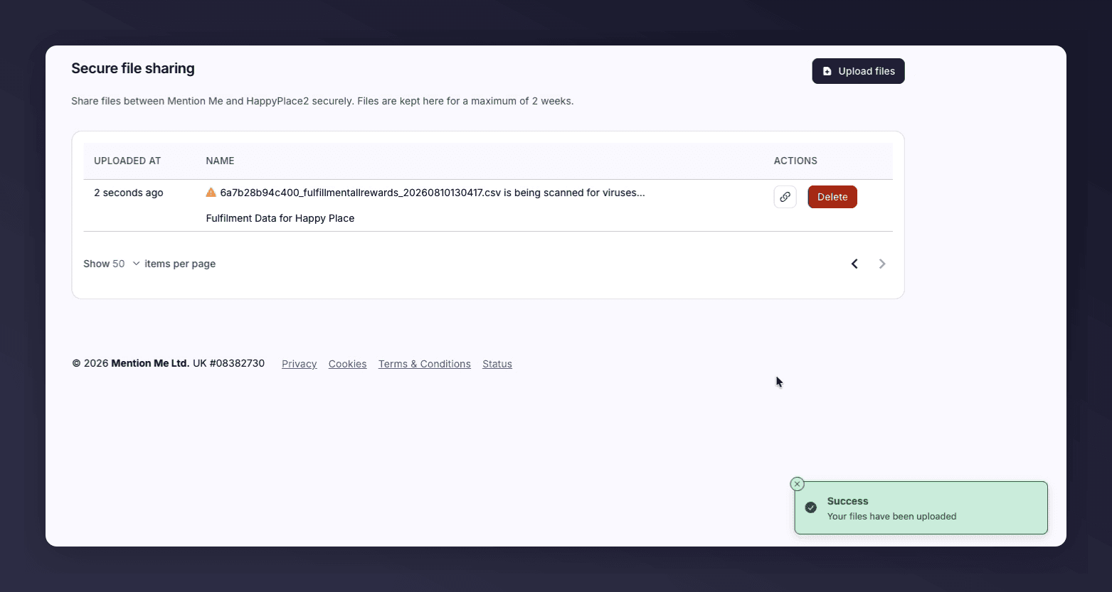The Secure File Sharing page showing a file being scanned for viruses after upload, with a success toast