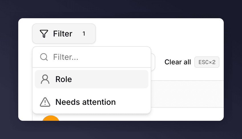 Filter popover showing Role and Needs attention as the two available filters