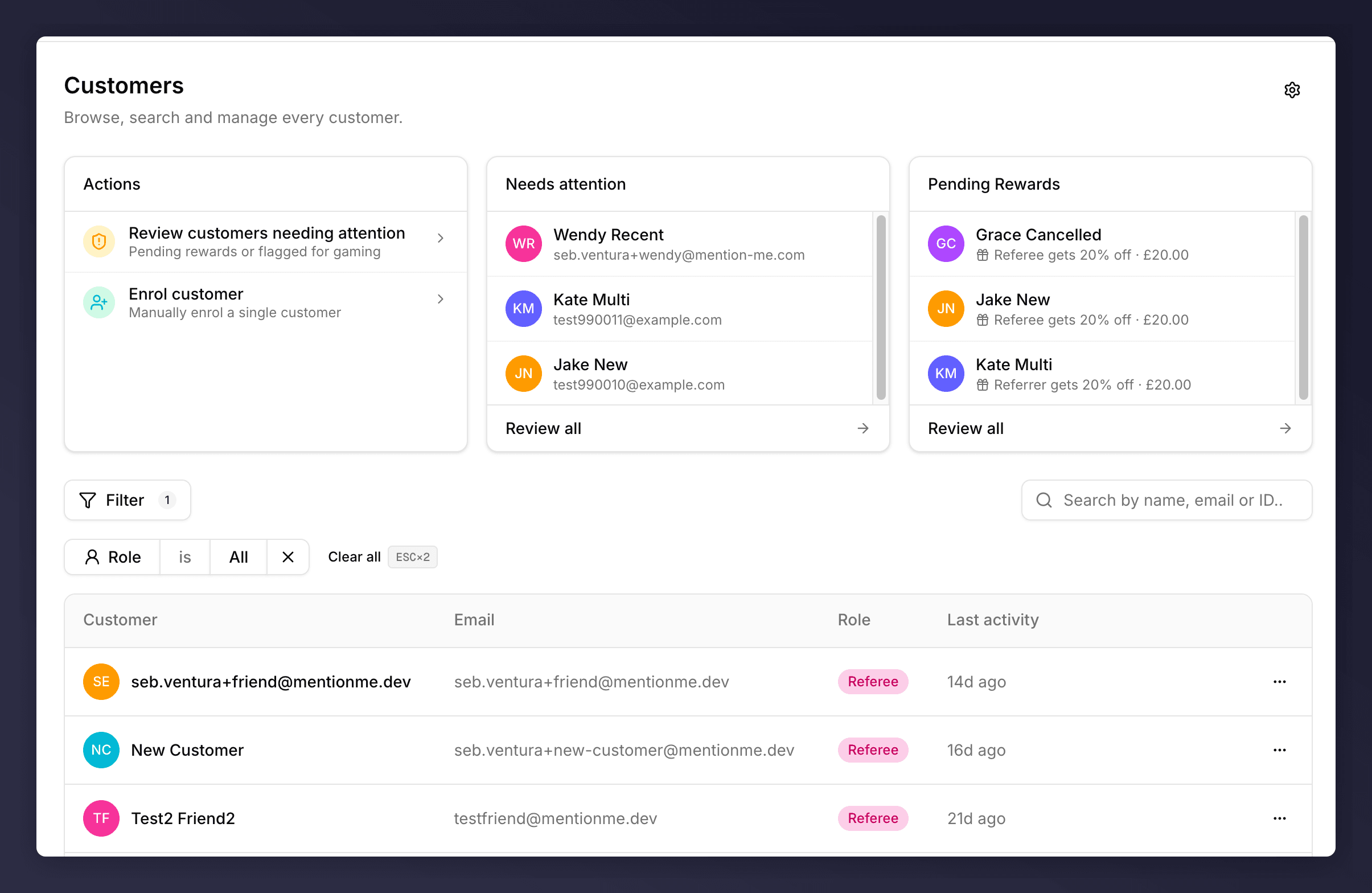 Customers landing page with Actions, Needs attention panels and a Role filter chip