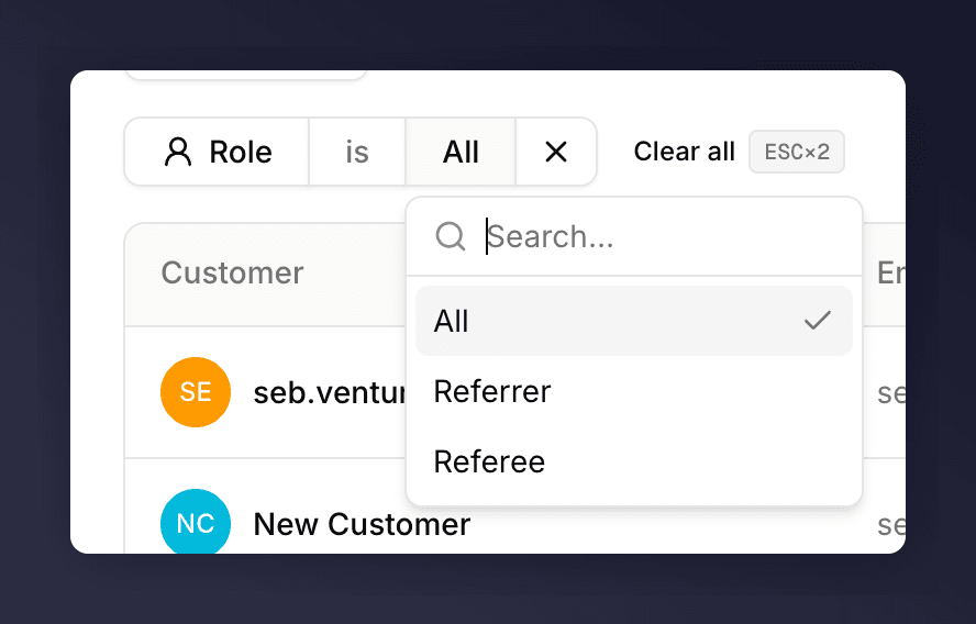 Role chip with the dropdown open showing All, Referrer, Referee with a search box at the top