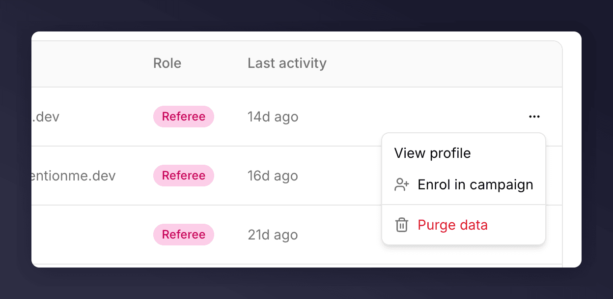 Row overflow menu with View profile, Enrol in campaign, and Purge data options