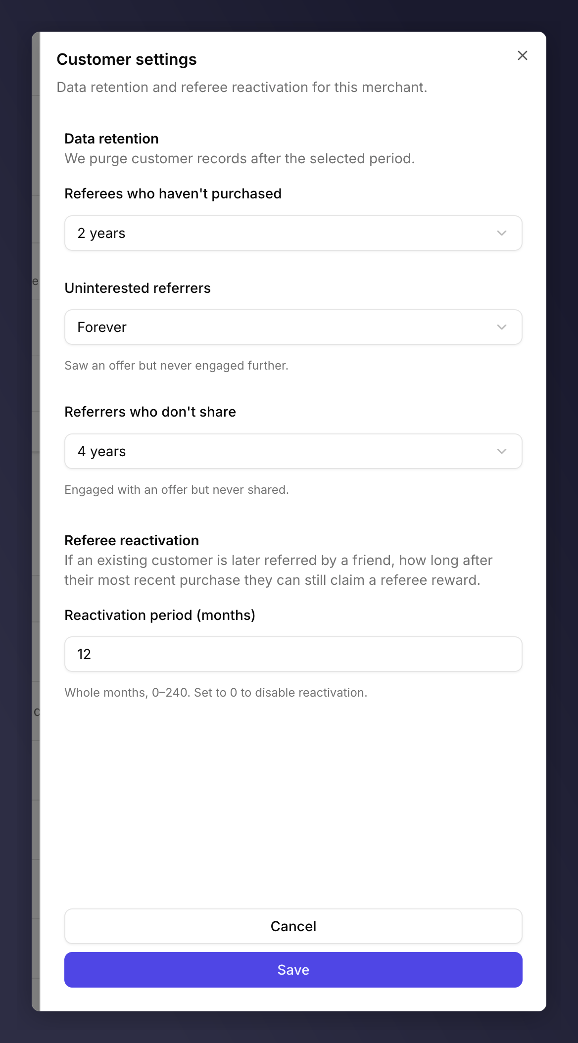 Side panel titled Customer settings with Data retention and Referee reactivation sections