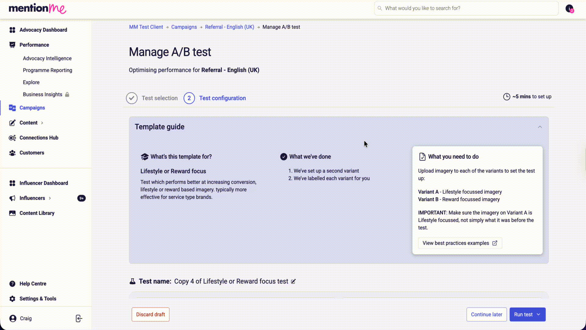 Reward setup UI showing type, value, minimum spend, and fulfilment options