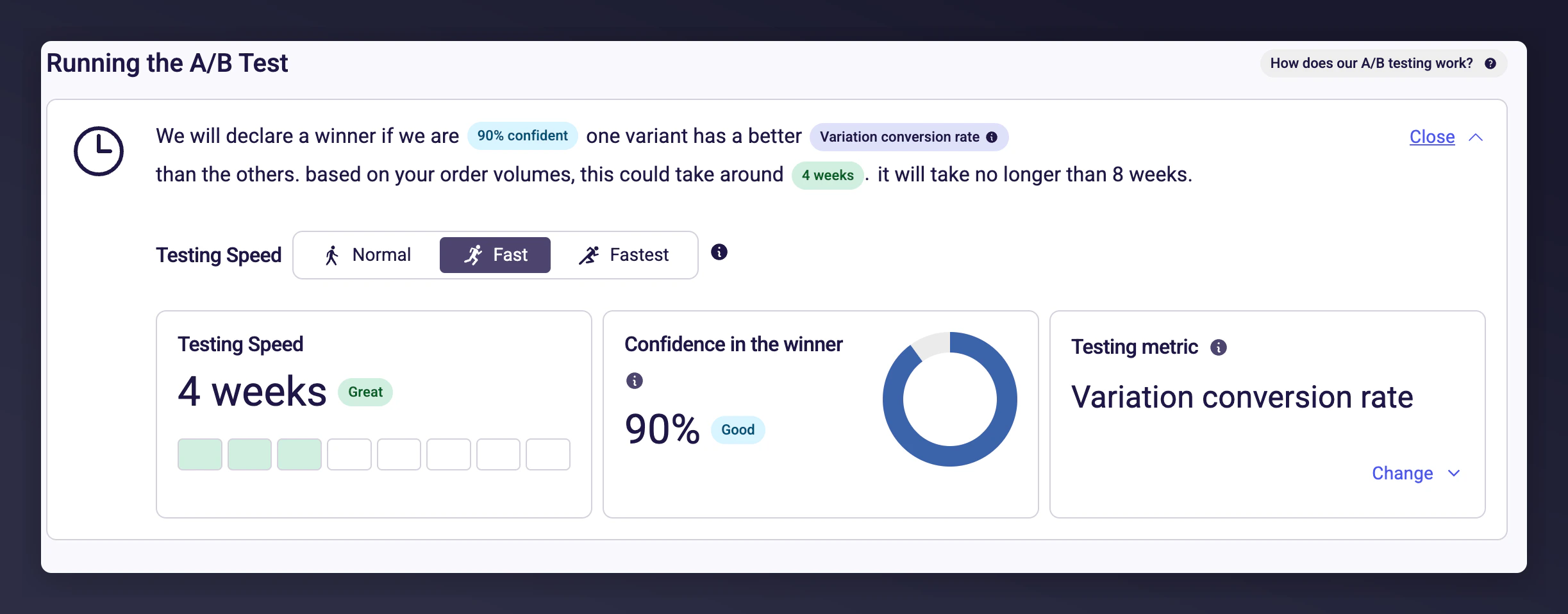Adjust speed and metrics options for A/B test configuration