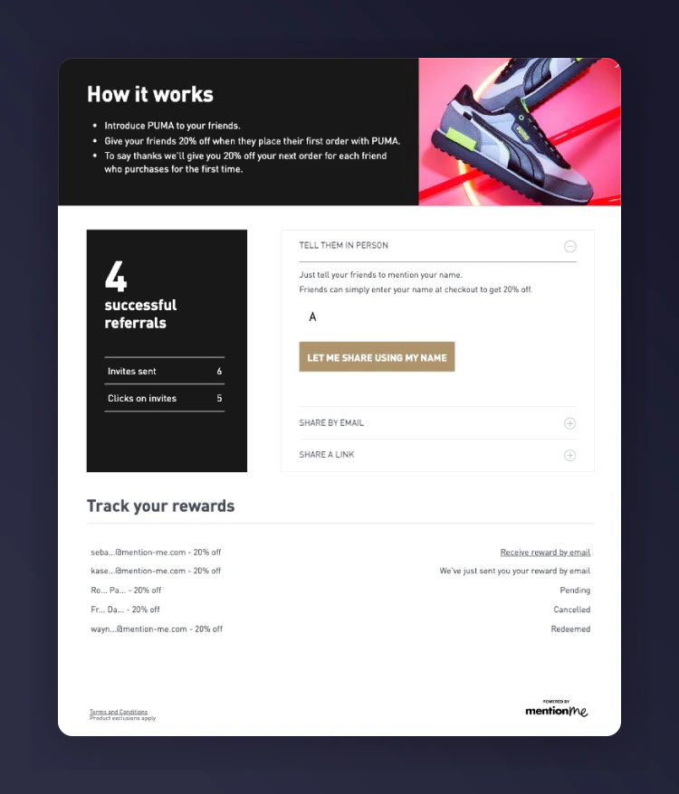 Referral dashboard in customer account