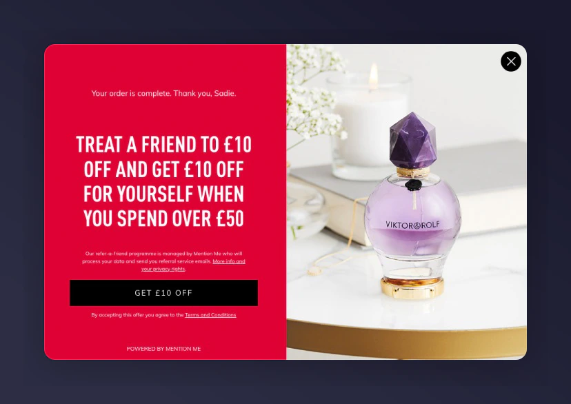 Post-purchase referral overlay example