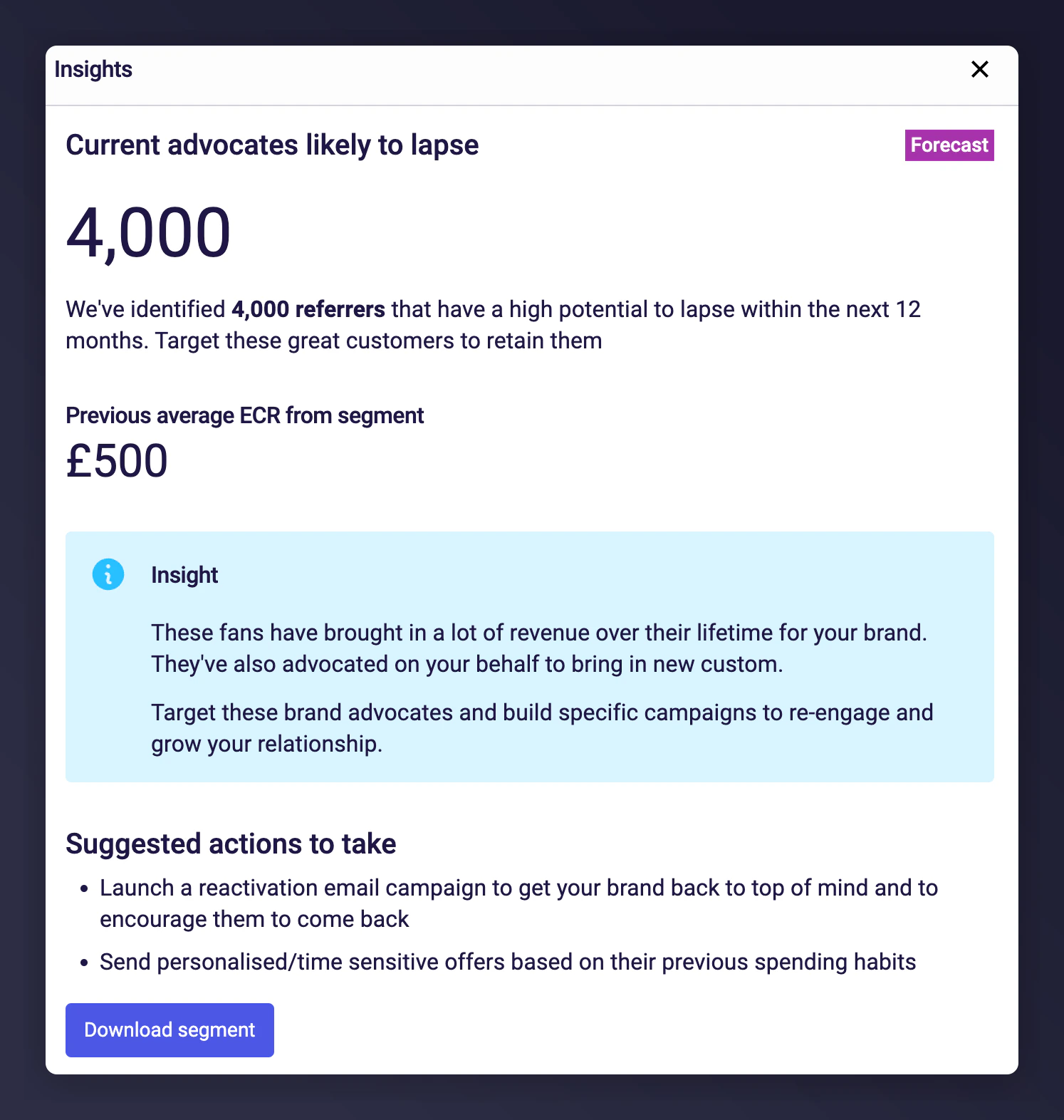 Take Action button to download customers in predicted segments