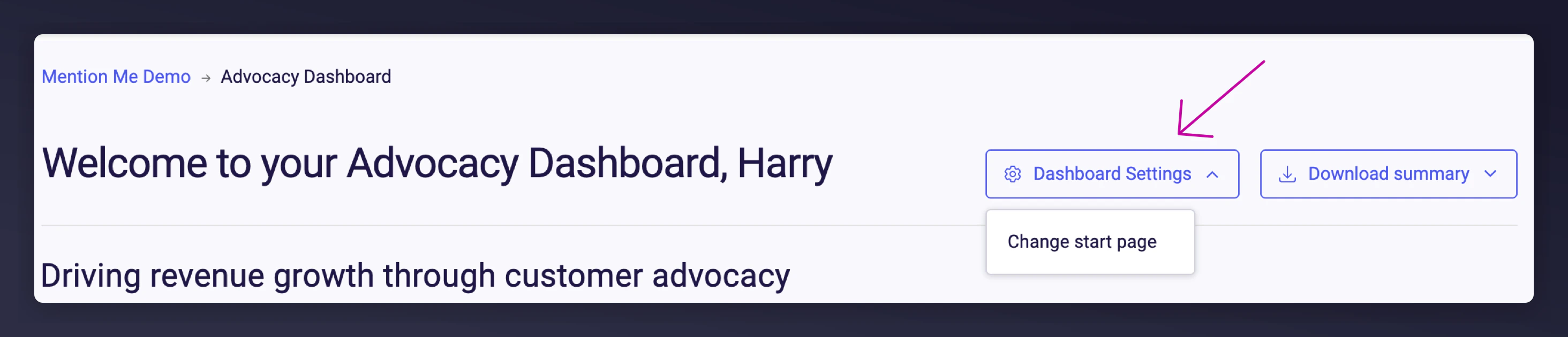 Programme Reporting in the navigation with Dashboard Settings option