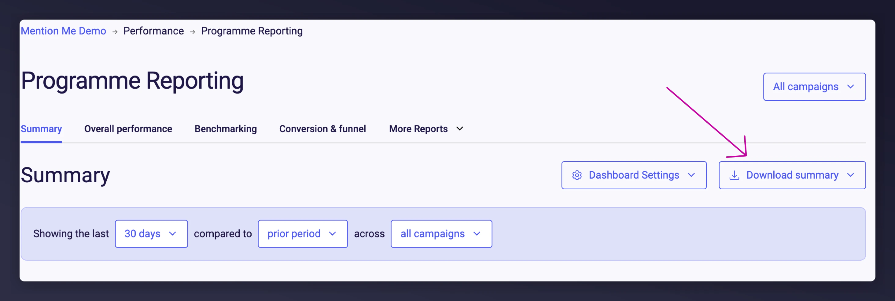 Download button at the top of the dashboard for saving screenshots or PDFs