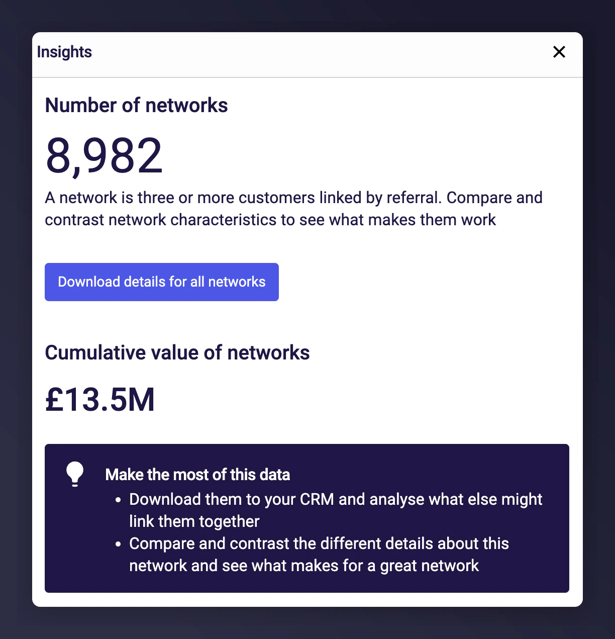 Network Characteristics download showing all networks with starter details