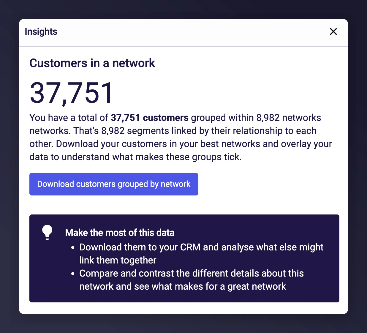 Network Customers download showing customer-to-network mapping for CRM upload