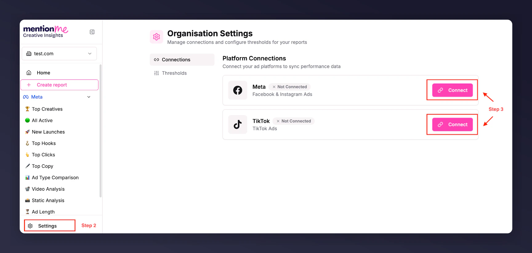 Settings panel with Connect buttons