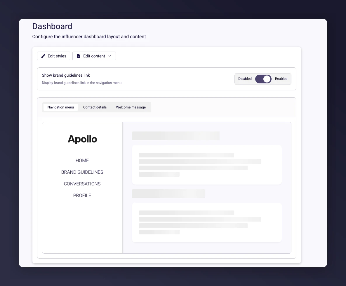 Influencer dashboard customisation overview with Brand Profile in Navigation toggle
