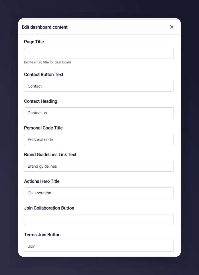Page Content editor for customising influencer-facing text