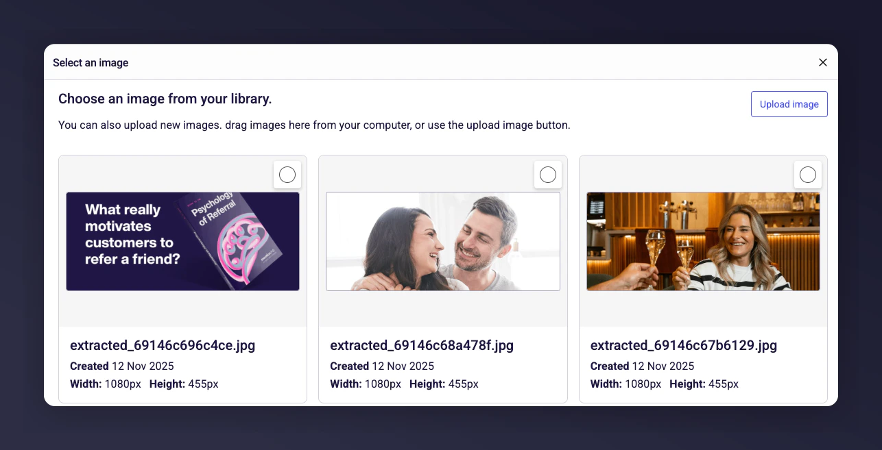 Image upload section with Content Library and recommended dimensions