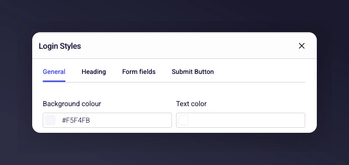 Style editor with colour and button customisation options for the login page