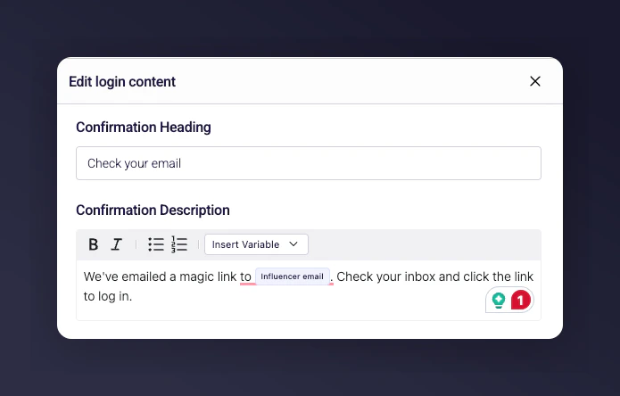 Confirmation page settings with magic link email trigger