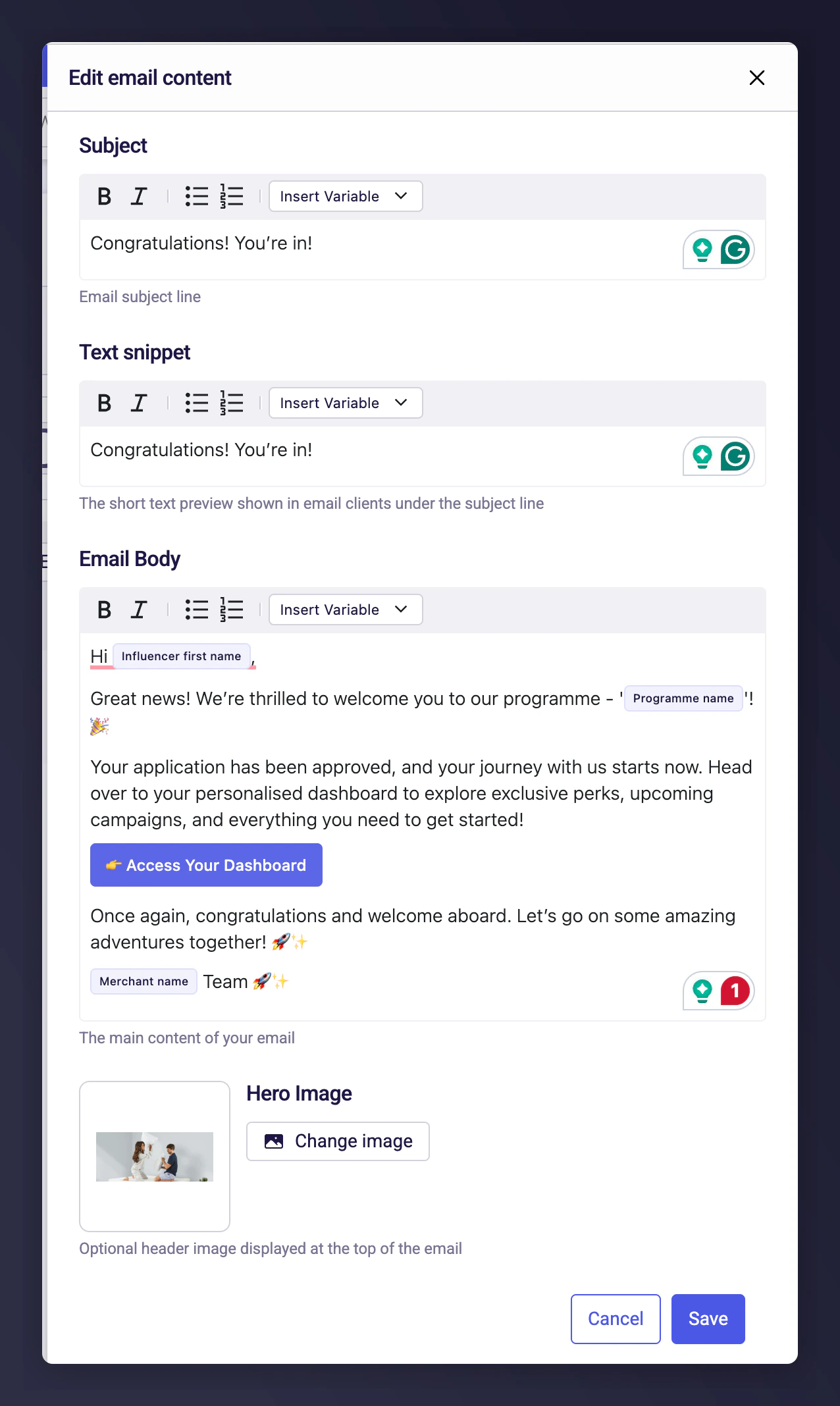 Application approved email template with dashboard link settings