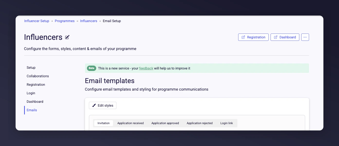 Influencer programme email settings section in the Mention Me platform