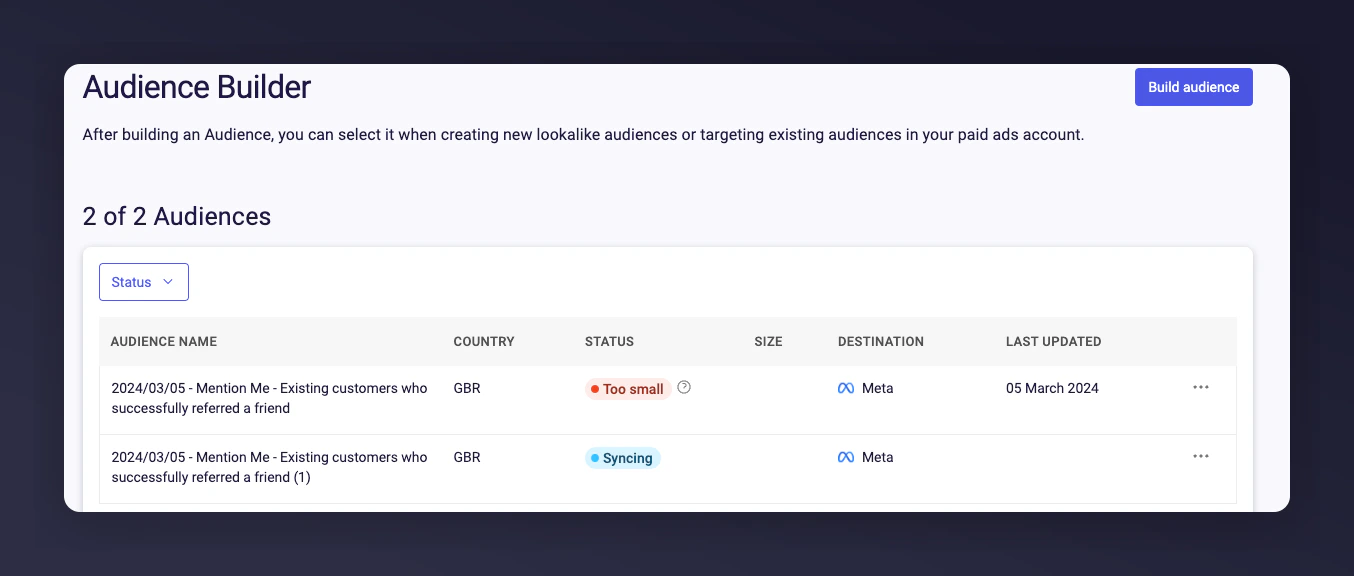 Audience summary showing all audiences with contact counts