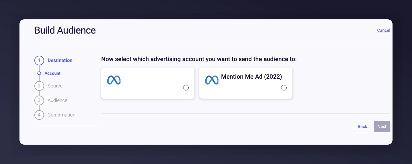 Selecting Meta Ad Account to send data to