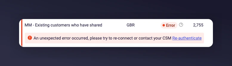 Re-Authenticate link on the Audience Builder page