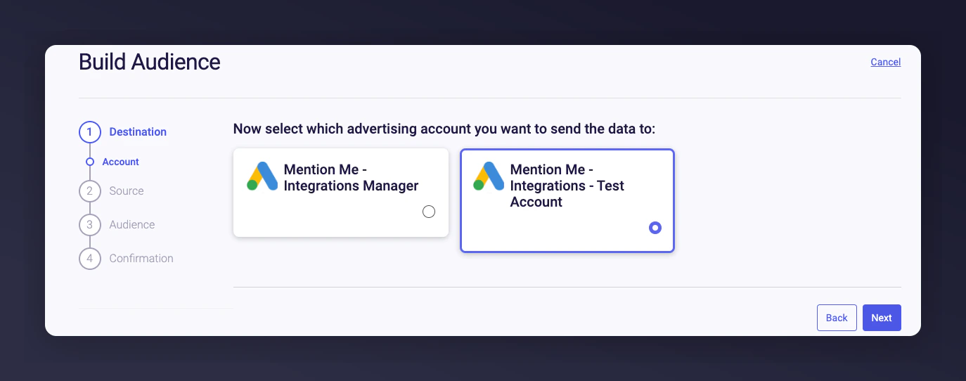 Selecting Google Ads Account to send data to