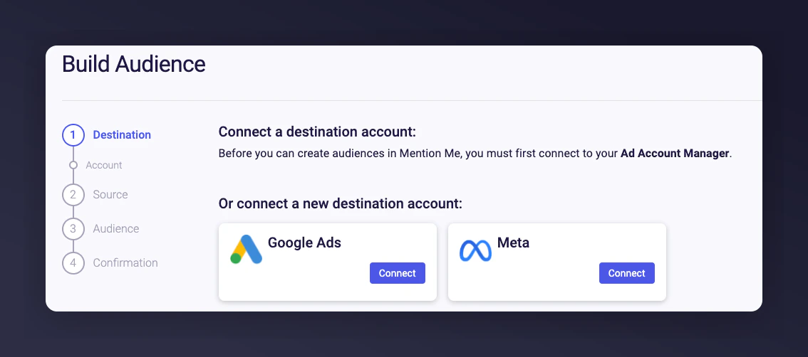 Mention Me Audience Builder Connect button with Google selected