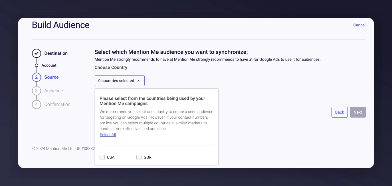 Country selection for audience building