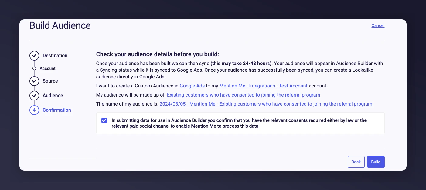 Consent confirmation and audience review screen