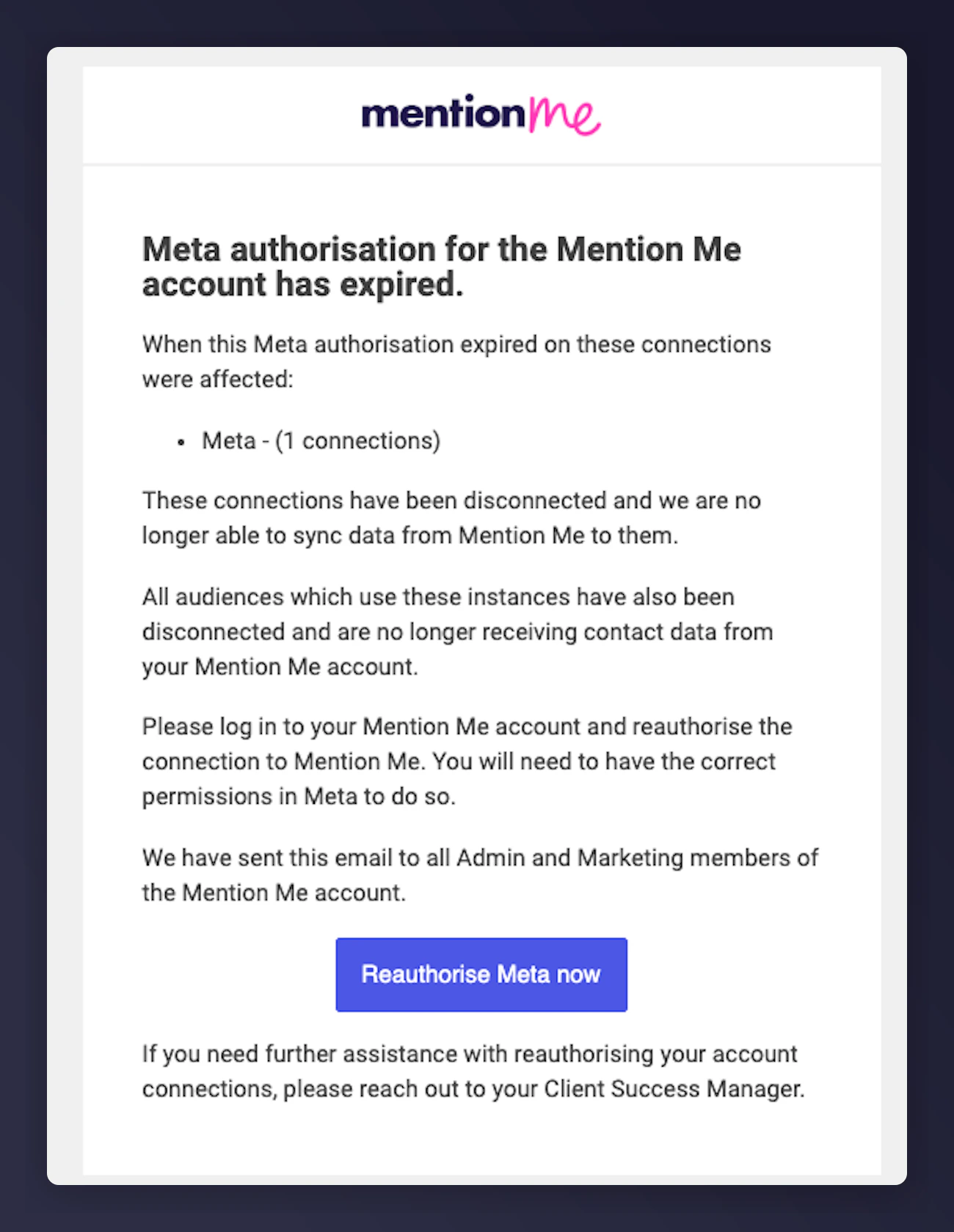 Re-authorisation email notification with link