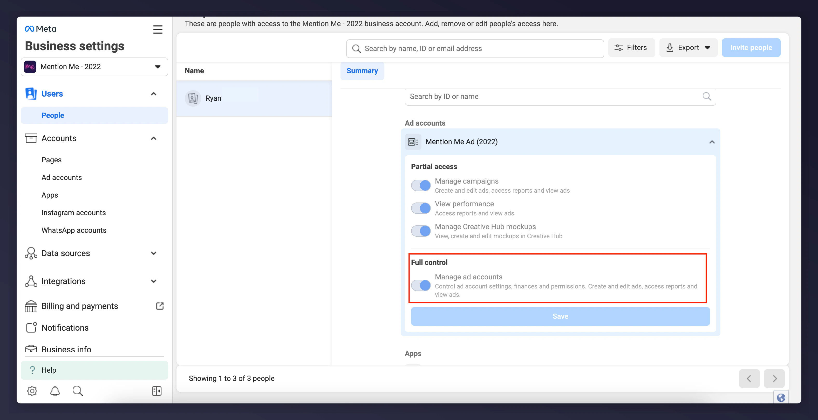 Meta Business Manager ad account permissions showing Manage ad account enabled