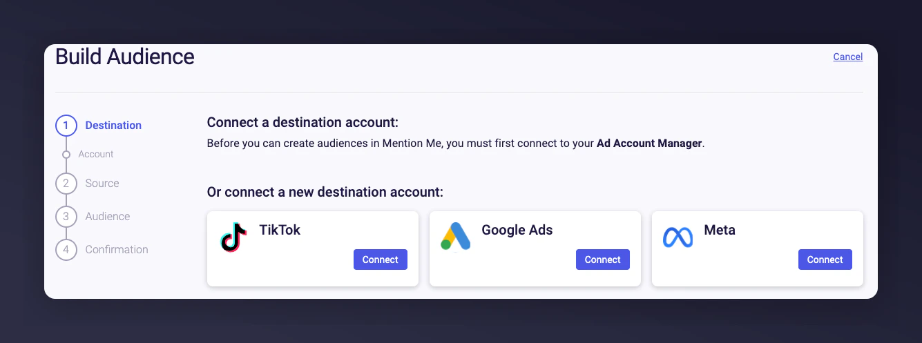 Mention Me Audience Builder Connect button with TikTok selected