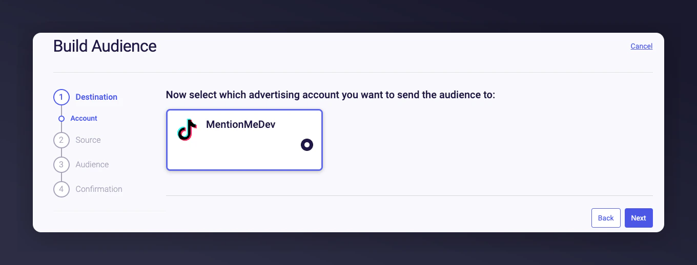 Selecting TikTok Ad Account to send data to