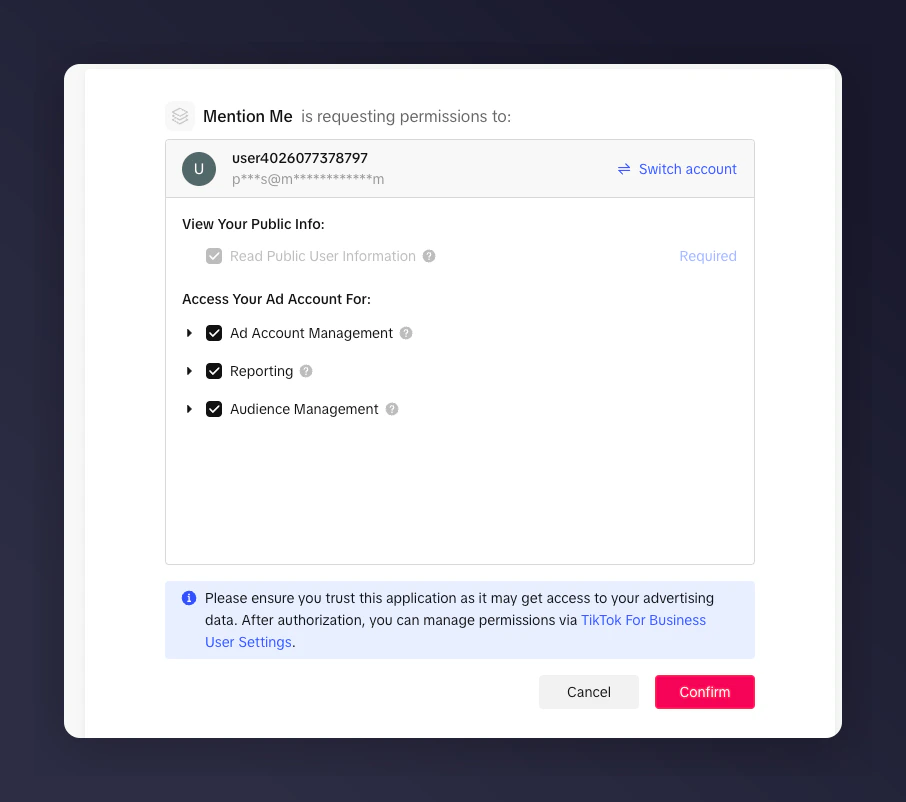 Granting Mention Me permission to access TikTok