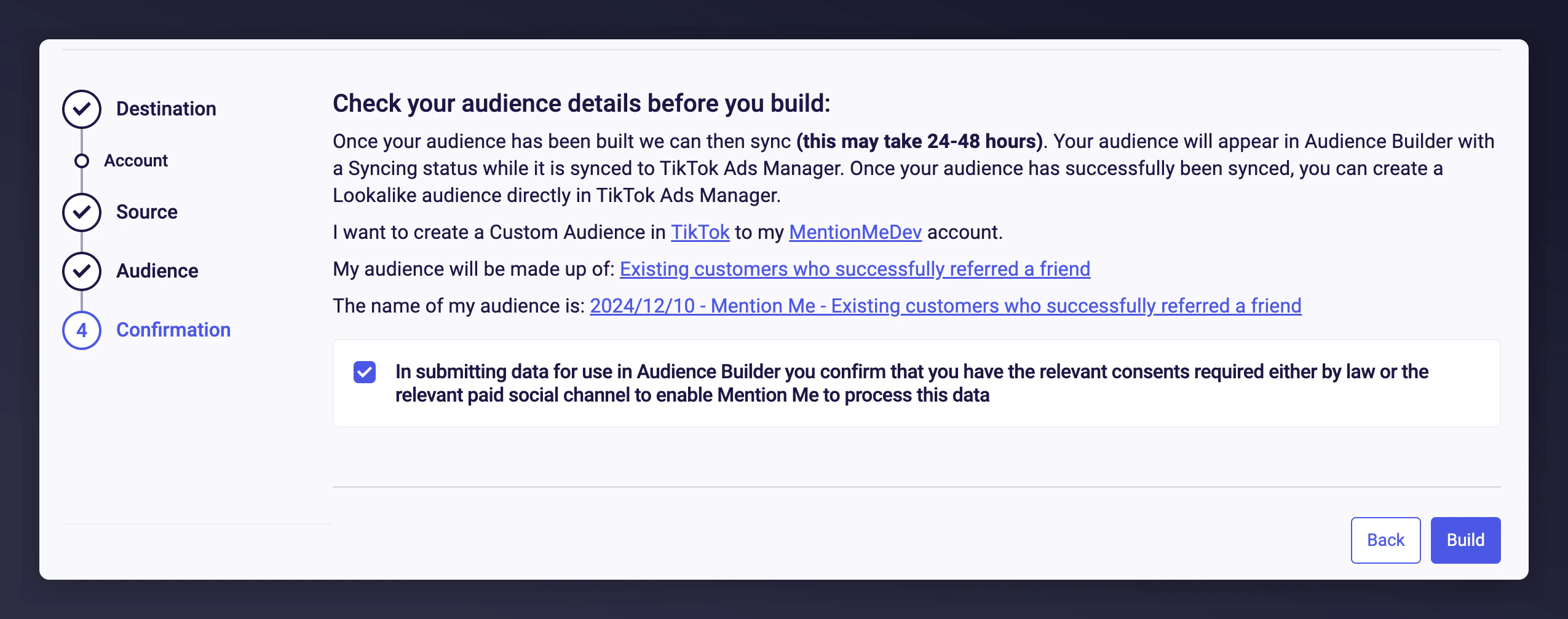 Consent confirmation and audience review screen