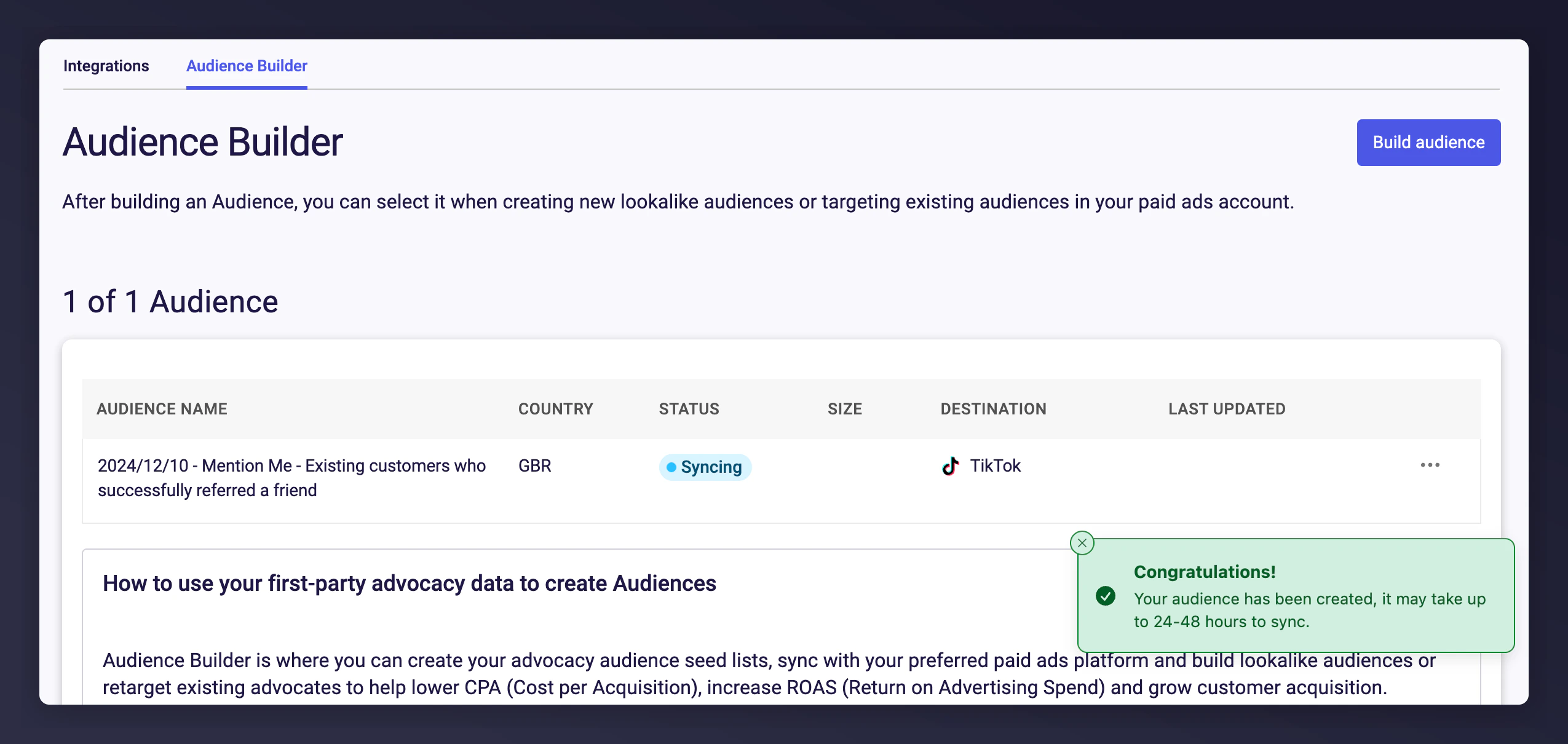 Audience summary showing all audiences with contact counts