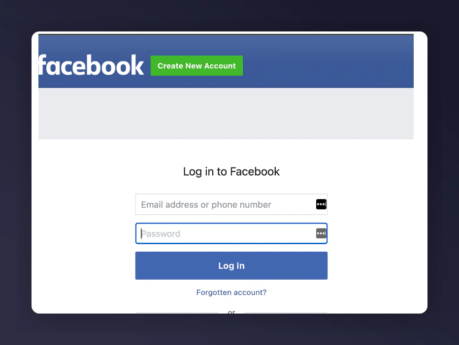Meta login screen
