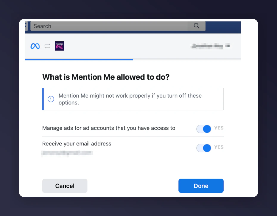 Granting Mention Me permission to access Meta