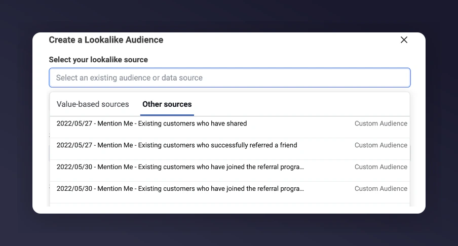 Selecting Mention Me Custom Audience as lookalike source