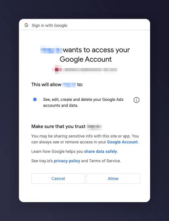 Granting Mention Me permission to access Google