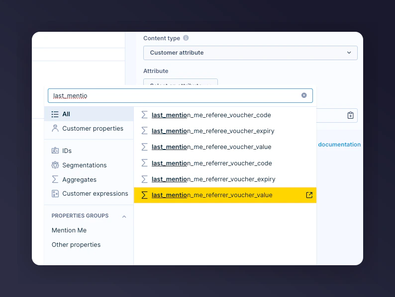 Selecting a Mention Me aggregate as a personalisation tag